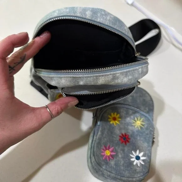 2 Denim NoBo Y2K Crossbody Bags Fanny Pack Floral Embroidered - Picture 4 of 7